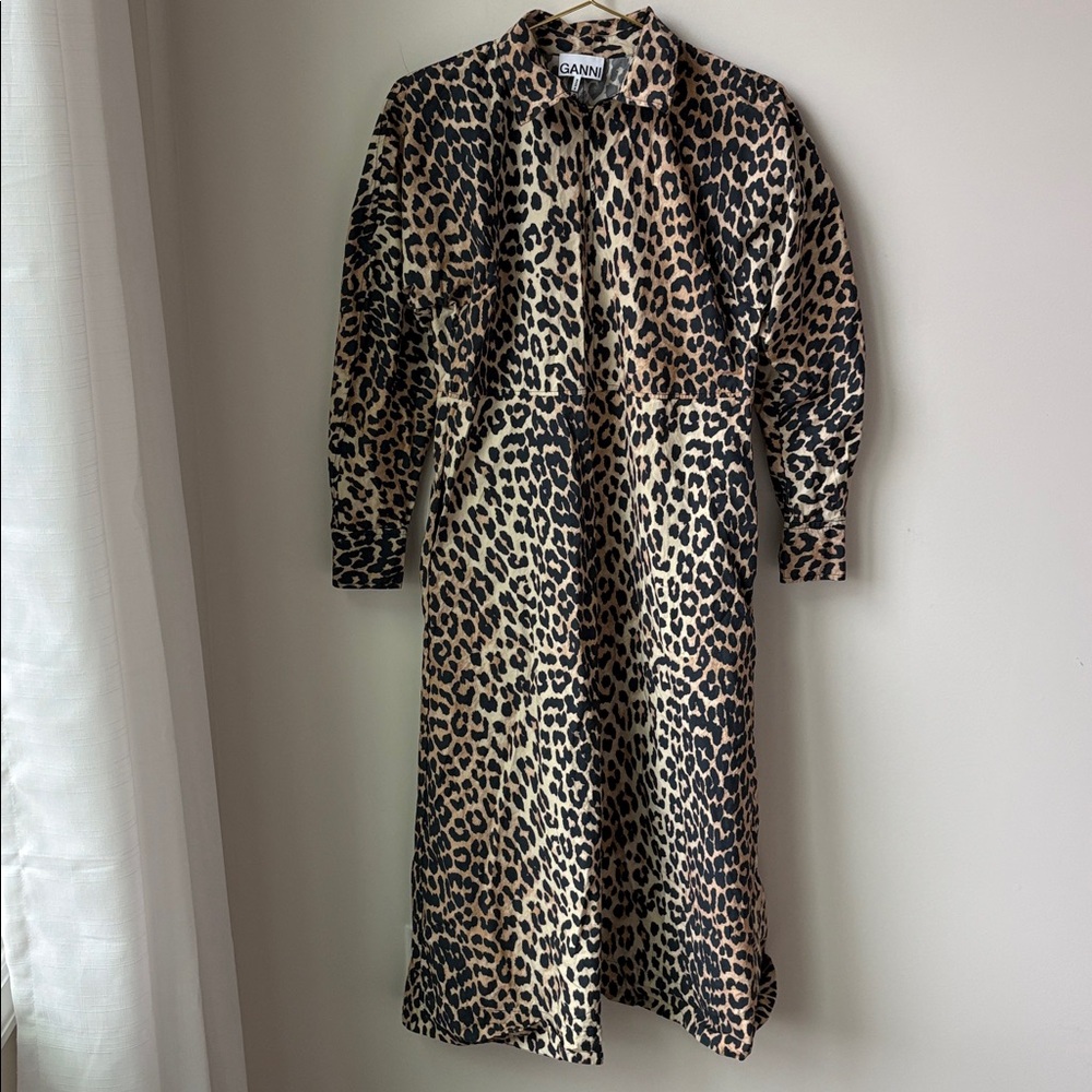 Ganni Leopard Cotton Poplin Midi Dress Zip Top Collared Pockets Animal *Size 4/6